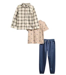 Perry Ellis Kids' Plaid Button-Up Shirt, T-Shirt & Joggers Set